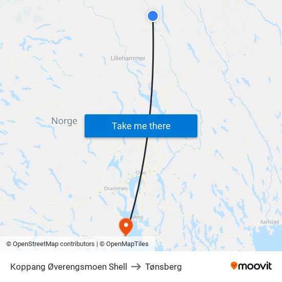 Koppang Øverengsmoen Shell to Tønsberg map