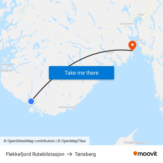 Flekkefjord Rutebilstasjon to Tønsberg map