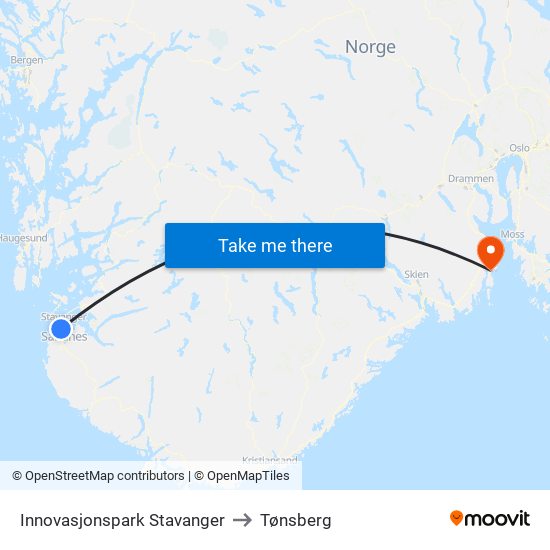Innovasjonspark Stavanger to Tønsberg map