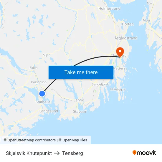 Skjelsvik Knutepunkt to Tønsberg map
