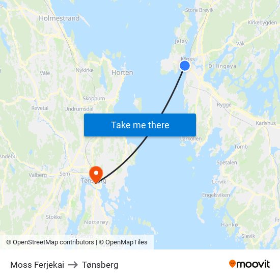 Moss Ferjekai to Tønsberg map