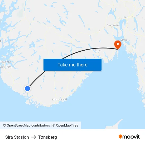 Sira Stasjon to Tønsberg map