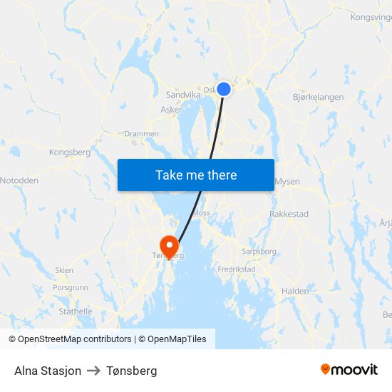 Alna Stasjon to Tønsberg map