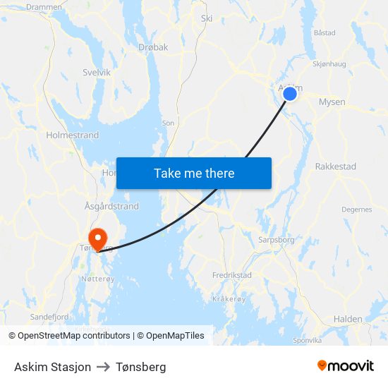 Askim Stasjon to Tønsberg map