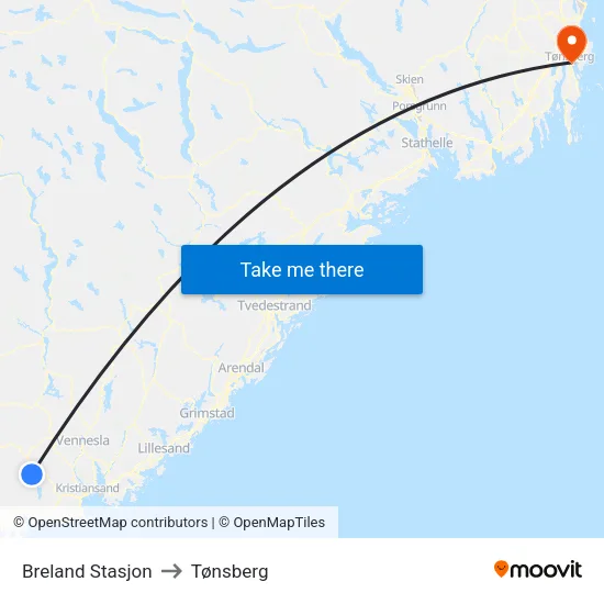 Breland Stasjon to Tønsberg map
