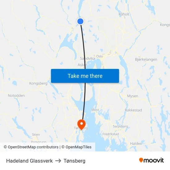Hadeland Glassverk to Tønsberg map