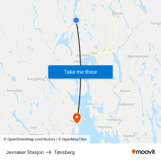 Jevnaker Stasjon to Tønsberg map