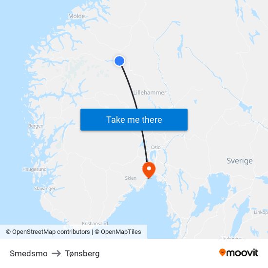 Smedsmo to Tønsberg map