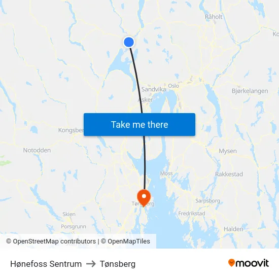Hønefoss Sentrum to Tønsberg map