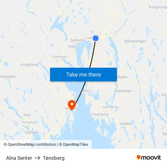Alna Senter to Tønsberg map