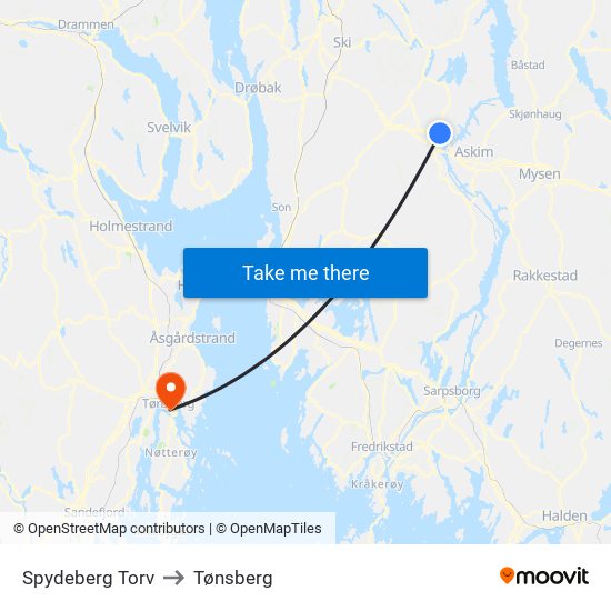 Spydeberg Torv to Tønsberg map