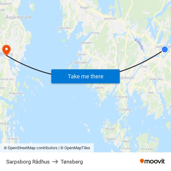 Sarpsborg Rådhus to Tønsberg map