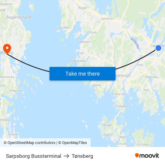 Sarpsborg Bussterminal to Tønsberg map