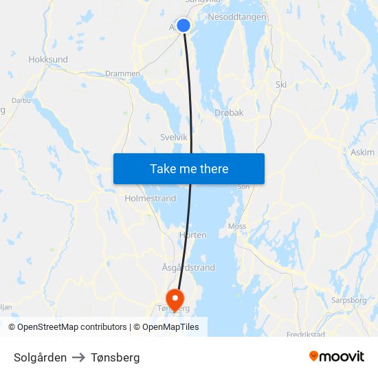 Solgården to Tønsberg map