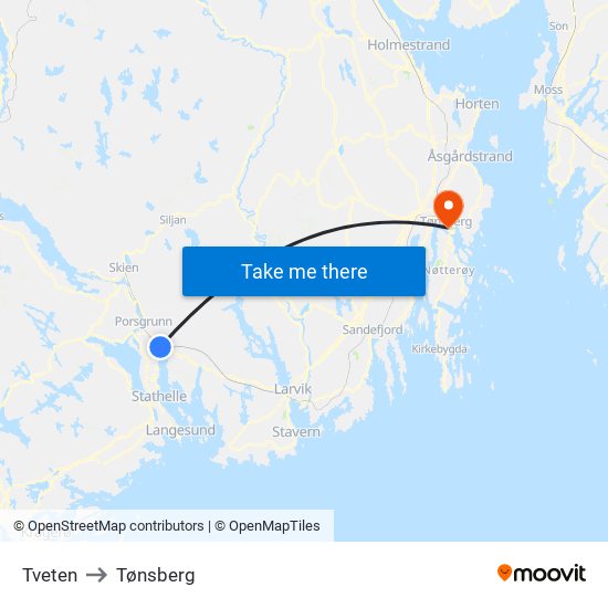 Tveten to Tønsberg map