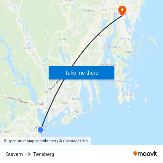 Stavern to Tønsberg map