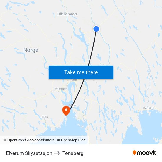 Elverum Skysstasjon to Tønsberg map