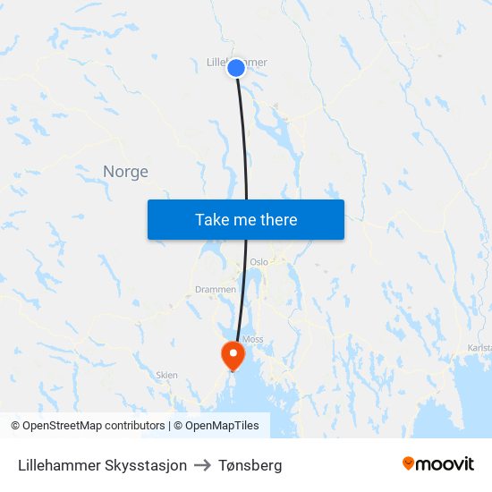 Lillehammer Skysstasjon to Tønsberg map