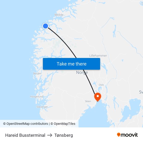 Hareid Bussterminal to Tønsberg map