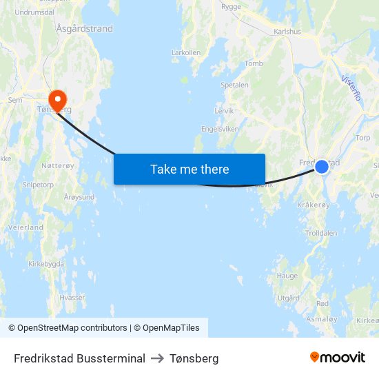 Fredrikstad Bussterminal to Tønsberg map