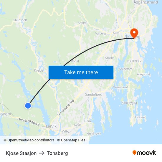 Kjose Stasjon to Tønsberg map