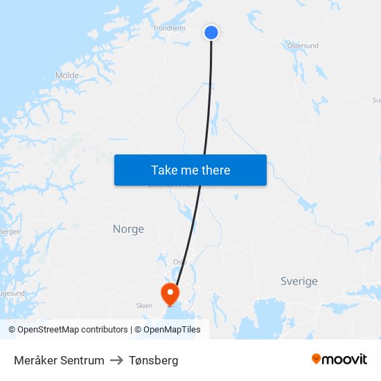 Meråker Sentrum to Tønsberg map