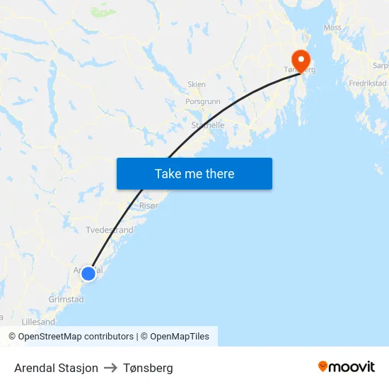 Arendal Stasjon to Tønsberg map