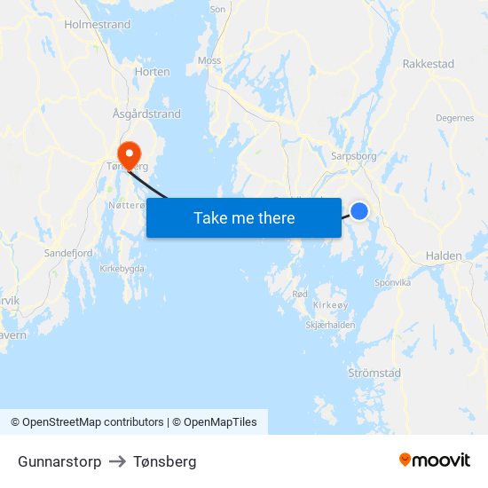 Gunnarstorp to Tønsberg map