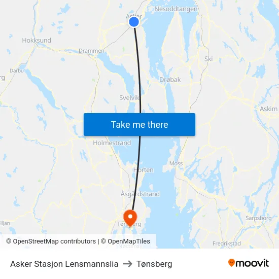 Asker Stasjon Lensmannslia to Tønsberg map