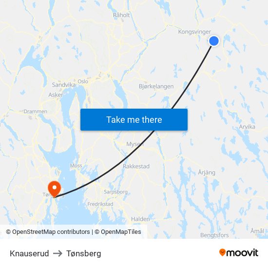 Knauserud to Tønsberg map