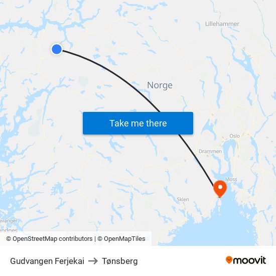Gudvangen Ferjekai to Tønsberg map