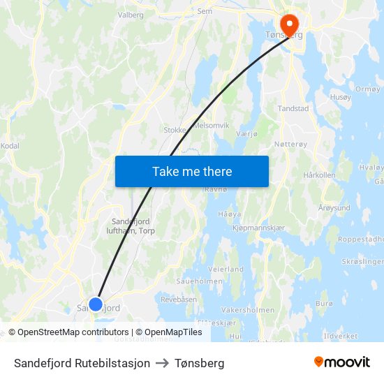 Sandefjord Rutebilstasjon to Tønsberg map