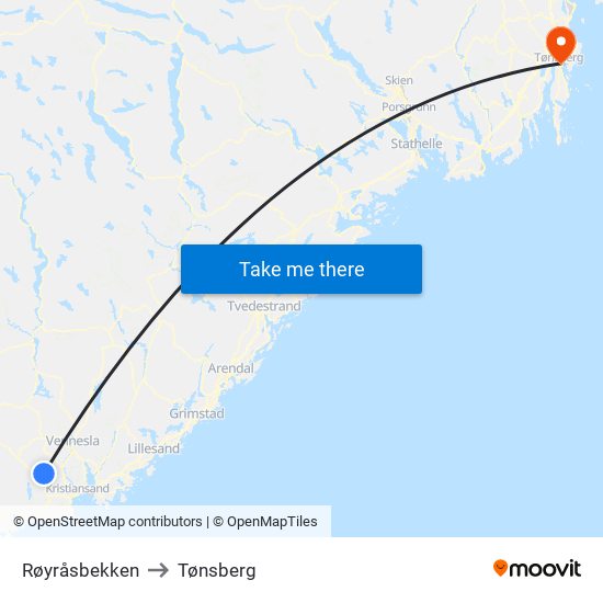 Røyråsbekken to Tønsberg map