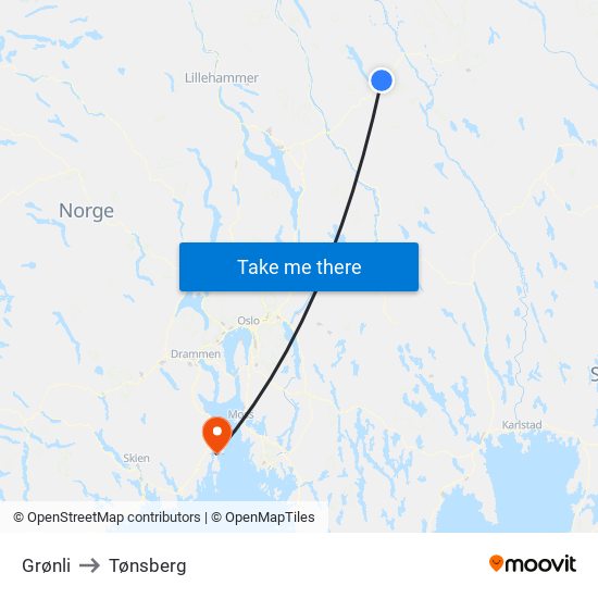 Grønli to Tønsberg map