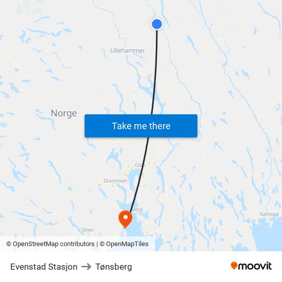 Evenstad Stasjon to Tønsberg map