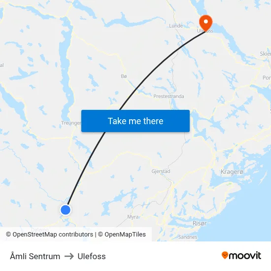 Åmli Sentrum to Ulefoss map