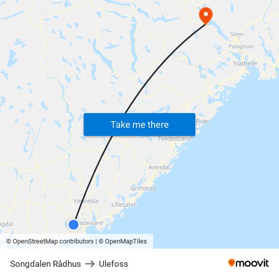 Songdalen Rådhus to Ulefoss map