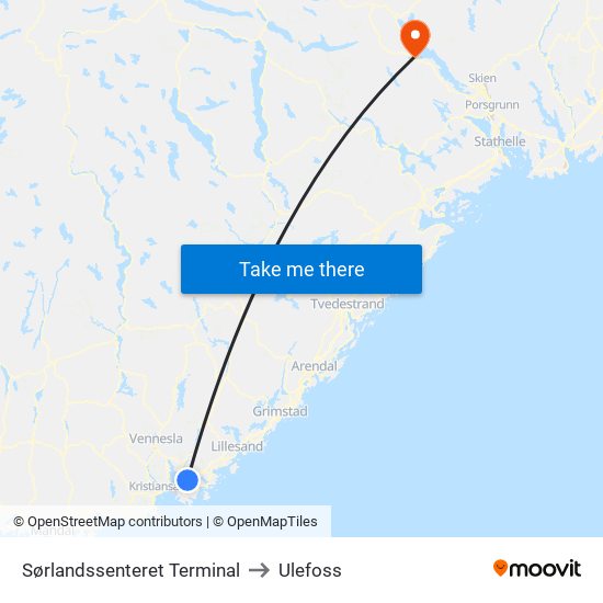 Sørlandssenteret Terminal to Ulefoss map