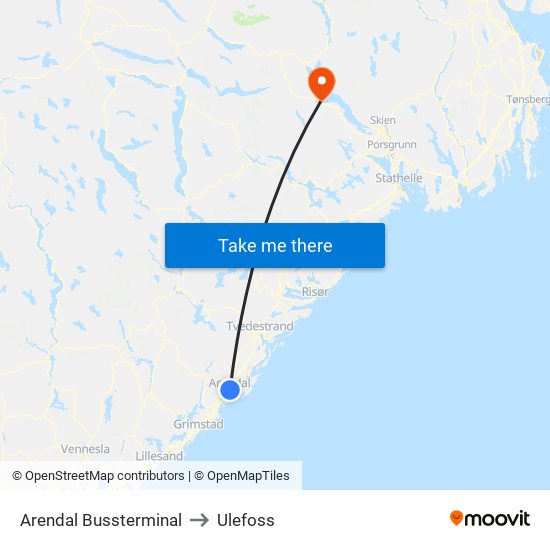 Arendal Bussterminal to Ulefoss map