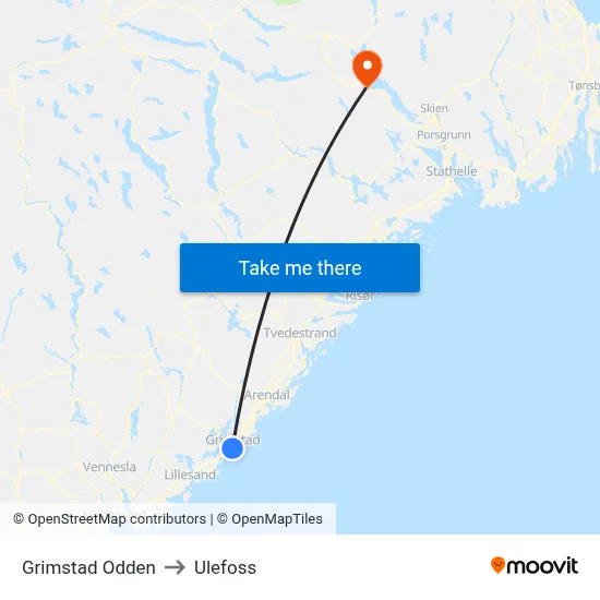 Grimstad Odden to Ulefoss map