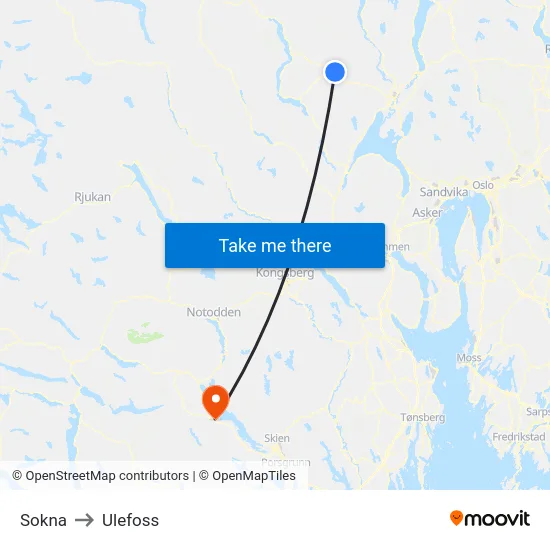 Sokna to Ulefoss map