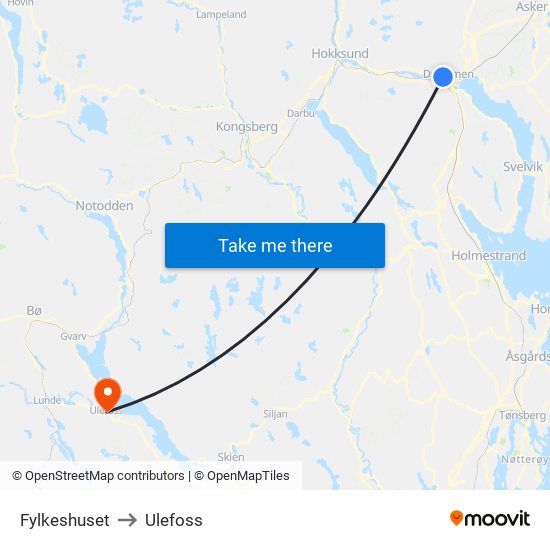 Fylkeshuset to Ulefoss map