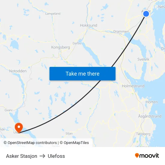 Asker Stasjon to Ulefoss map