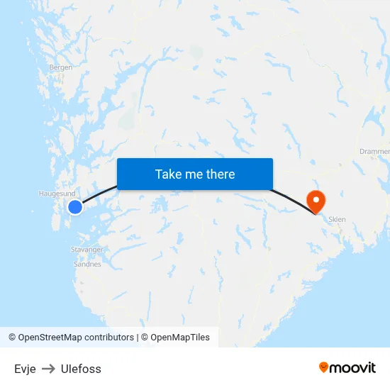 Evje to Ulefoss map
