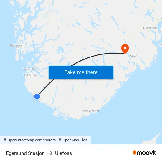 Egersund Stasjon to Ulefoss map