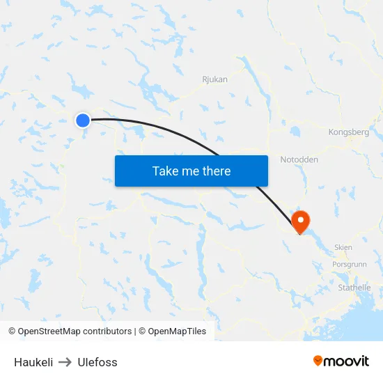 Haukeli to Ulefoss map