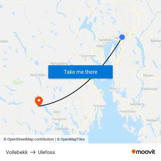 Vollebekk to Ulefoss map