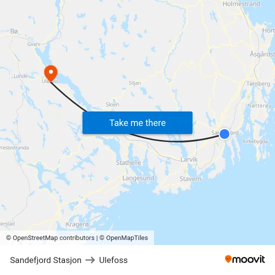 Sandefjord Stasjon to Ulefoss map