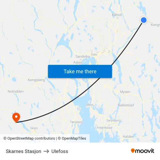 Skarnes Stasjon to Ulefoss map