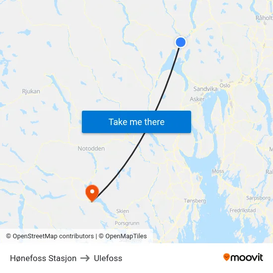 Hønefoss Stasjon to Ulefoss map